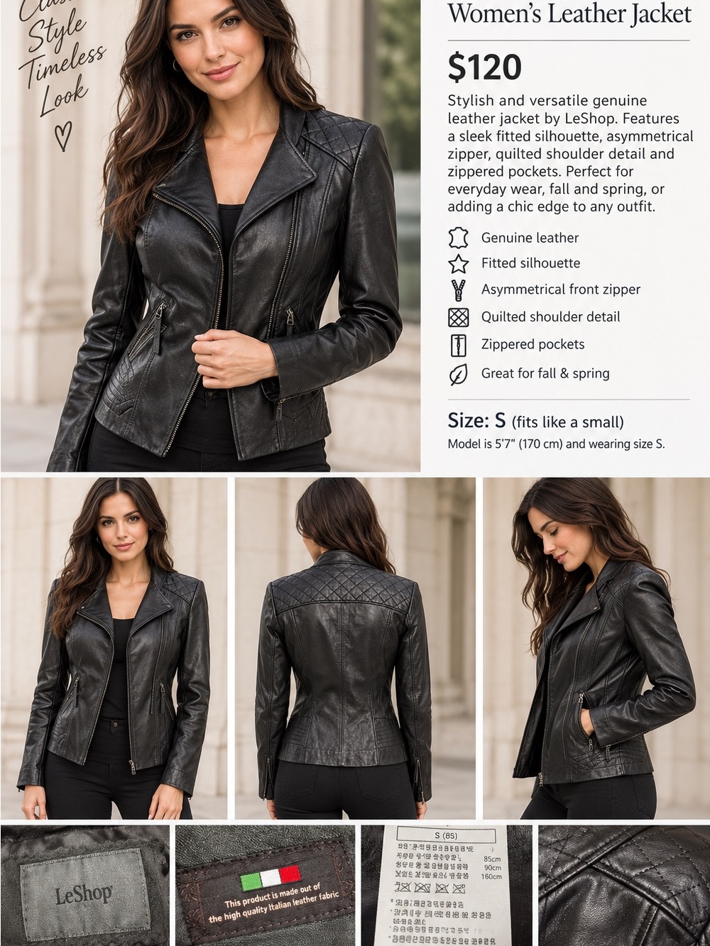 leshop Black Quilted-Shoulder Leather Moto Jacket